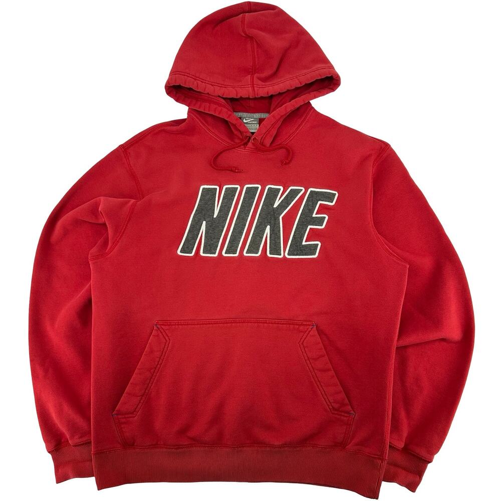 VTG y2k Men's Red Grey Nike Sportswear NSW Block Letter Hoodie Sweatshirt Sz M